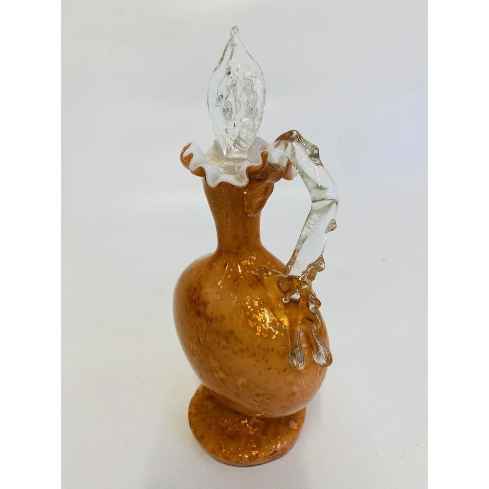 Vintage Orange Gold Aventurine Art Glass Decanter Murano‎ Style Ruffled Cruet